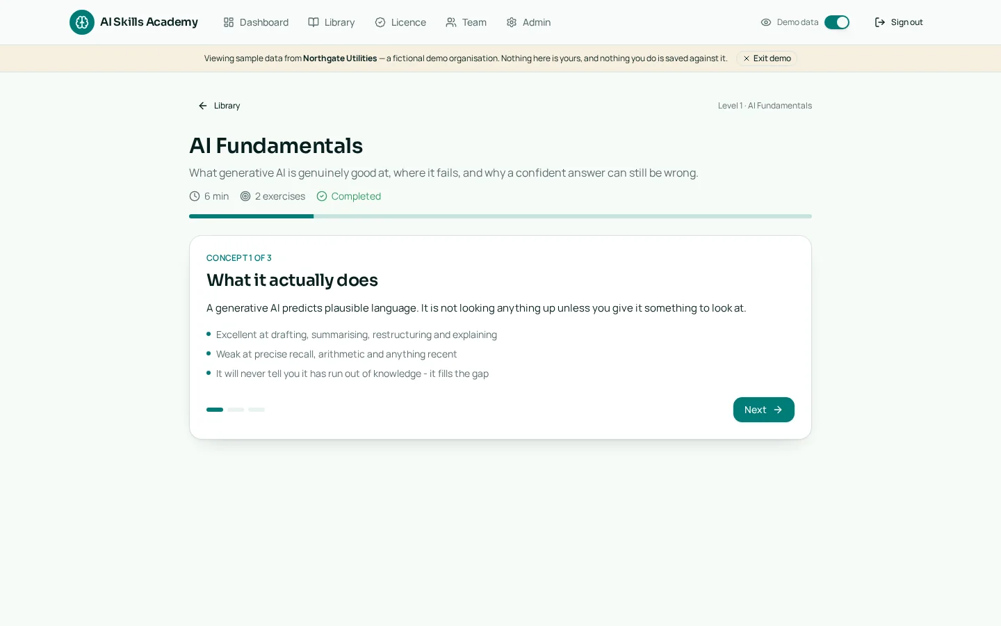 A concept card and exercise inside the AI Skills Academy learning experience